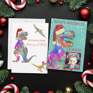 Weihnachts-Dinosaurier T-Rex mit Santa-Mütze Foto Feiertagskarte