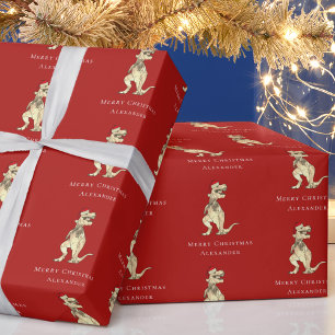 Weihnachts-Dinosaurier T-Rex Personalisiert Rot Geschenkpapier