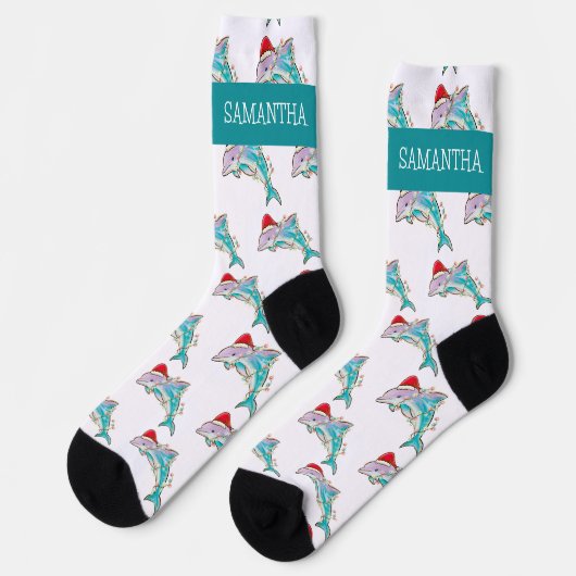 Weihnachts-Dolphin-Meer Personalisierter Name Socken (Linkes Detail)
