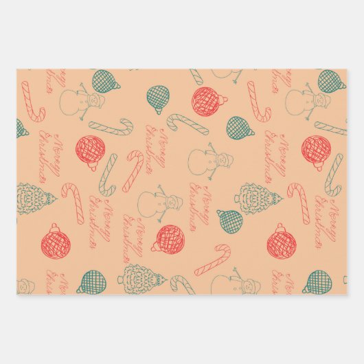 Weihnachts-Doodle-Muster | Schneemänner, Bäume & S Geschenkpapier Set (Vorderseite)