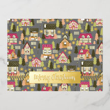 Weihnachts-Dorf Grau Foil Weihnachtskarte