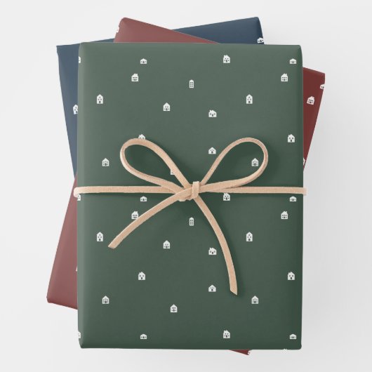 Weihnachts-Dorf niedliche drei farbige Ferien Geschenkpapier Set (Beispiel)