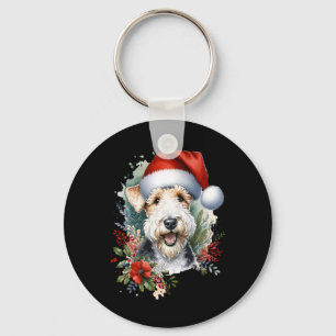 Weihnachts-Drahthaar-Foxterrier-Hund Aquarell-Kuns Schlüsselanhänger