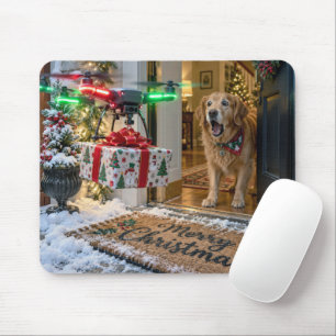 Weihnachts-Drohnen-Lieferung mit überraschten Hund Mousepad