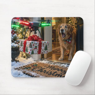 Weihnachts-Drohnen-Lieferung mit überraschten Hund Mousepad