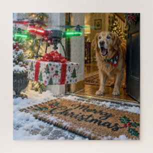 Weihnachts-Drohnen-Lieferung mit überraschten Hund Puzzle