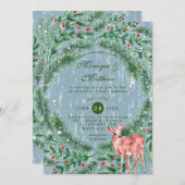 Weihnachts-Dusty Blue Wood Deer Wedding Einladung (Vorne/Hinten)