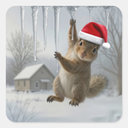 Weihnachts-Eichhörnchen hängt an einem Eiszapfen Quadratischer Aufkleber (Vorderseite)
