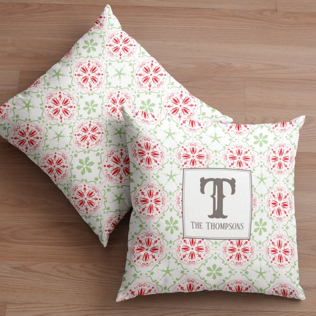 Weihnachts Einfache Winterschneeflocke Modernes Mo Kissen (Red and green snowflake monogram throw pillow)