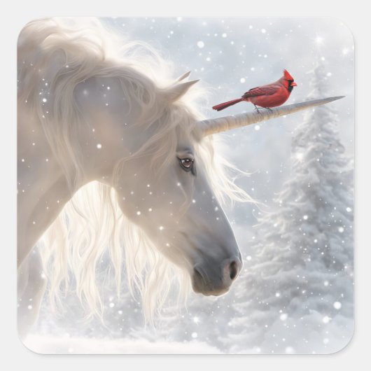 Weihnachts-Einhorn-Kardinal-Schnee Quadratischer Aufkleber (Vorderseite)