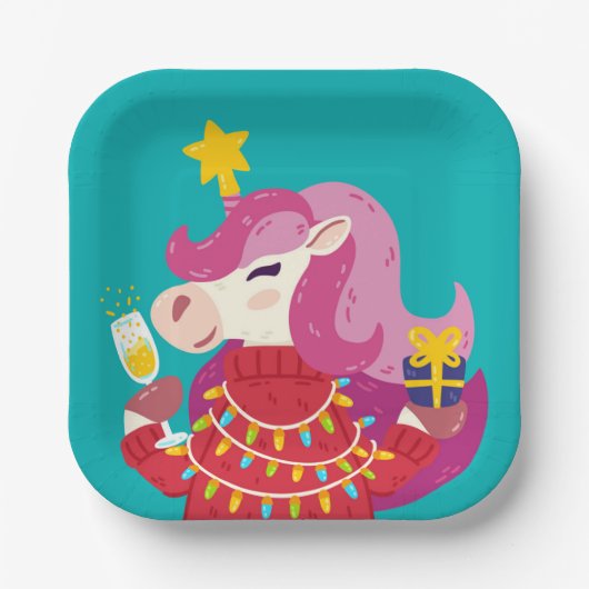 Weihnachts-Einhorn-Party Pappteller (Vorderseite)