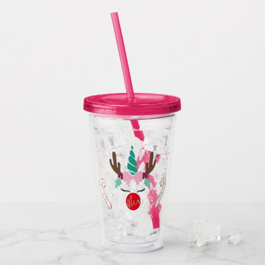 Weihnachts-Einhorn-Plastik-Cup mit Stroh Acryltrinkbecher (Vorderseite Ice)