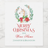 Weihnachts-Einhorn-Poinsettia-Kranz & Typografie Weinetikett (Einzelnes Label)