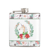 Weihnachts-Einhorn und Frohe Weihnachtstypografie Flachmann (Vorderseite)