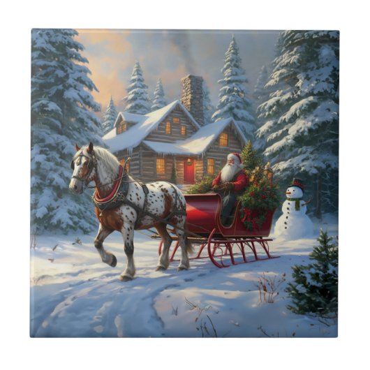 Weihnachts-Einpänner-Schlitten-Santa Fliese (Vorderseite)