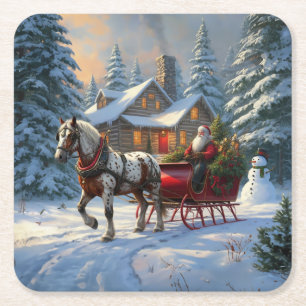 Weihnachts-Einpänner-Schlitten-Santa Rechteckiger Pappuntersetzer