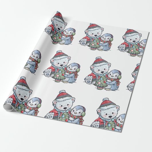 Weihnachts-Eisbär mit einem Freund Geschenkpapier (Ungerollt)