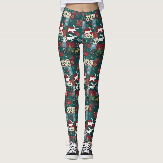 Weihnachts-Elch-Blumen-Patchwork Leggings (Vorderseite)