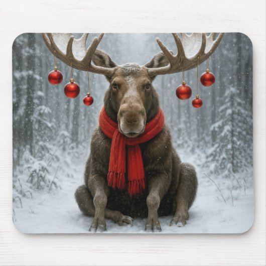 Weihnachts-Elch in einem schneebedeckten Wald Mousepad (Vorne)