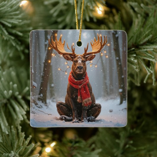 Weihnachts-Elch mit festlichen Lichtern Keramikornament (Baum)