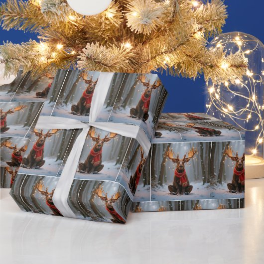 Weihnachts-Elch mit Schal und Lichtern Geschenkpapier (Feiertage)