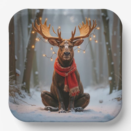 Weihnachts-Elch mit Schal und Lichtern Pappteller (Vorderseite)