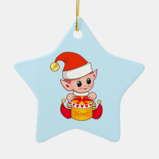 Weihnachts-Elf auf Light Blue Keramik Ornament (Vorne)