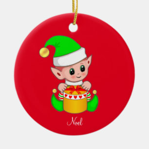 Weihnachts-Elf auf Rot Keramik Ornament