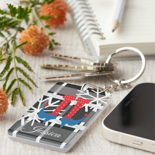 Weihnachts-Elf-Feet Schneeflocken Kariert Schlüsselanhänger (Vorderseite rechts)