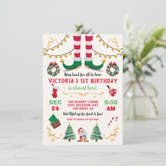 Weihnachts-Elf-Geburtstagsparty Einladung (Stehend Vorderseite)
