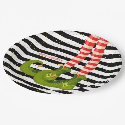 Weihnachts-Elf-Legen Schwarz-Weiß Streifen Pappteller (Schrägansicht)
