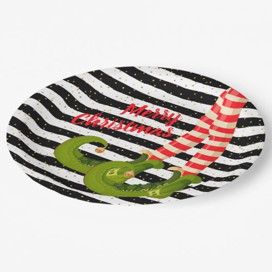 Weihnachts-Elf-Legen Schwarz-Weiß Streifen Pappteller (Schrägansicht)