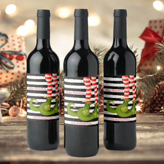 Weihnachts-Elf-Legen Schwarz-Weiß Streifen Weinetikett