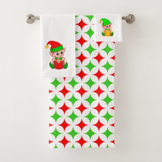 Weihnachts-Elf und Green Red Diamond Star Muster Badhandtuch Set (Insitu)