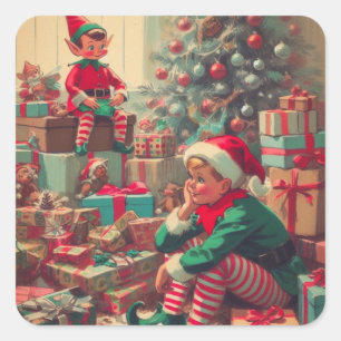 Weihnachts-Elfen Retro-Urlaub Quadratischer Aufkleber
