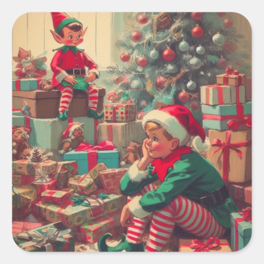 Weihnachts-Elfen Retro-Urlaub Quadratischer Aufkleber (Vorderseite)