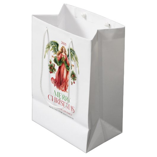 Weihnachts-Engel Extravagant Frohe Weihnachtstypog Mittlere Geschenktüte (Vorderseite Schrägansicht)