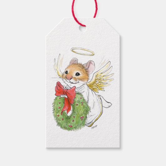 Weihnachts-Engel-Maus mit Wreath-Geschenk-Tag Geschenkanhänger (Vorderseite)