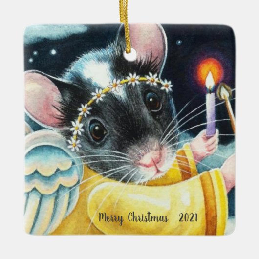 Weihnachts-Engel-Maus und Candle Wasserfarbe Kunst Keramikornament (Vorderseite)