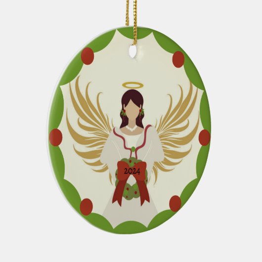 Weihnachts-Engel Red Green Holly Wreath Jahr 2024 Keramik Ornament (Rechts)