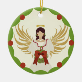 Weihnachts-Engel Red Green Holly Wreath Jahr 2024 Keramik Ornament