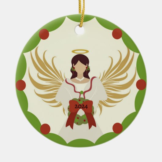 Weihnachts-Engel Red Green Holly Wreath Jahr 2024 Keramik Ornament (Vorne)