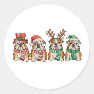 Weihnachts-Englisch-Bulldogge-Hund-Santa-Hut-Renti Runder Aufkleber