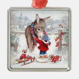 Weihnachts Esel Süße Familie  Ornament Aus Metall