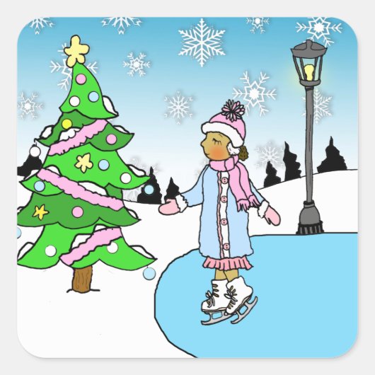 Weihnachts-Ethy-Ice-Skater am Wintersonntag Quadratischer Aufkleber (Vorderseite)