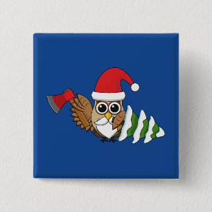 Weihnachts-Eule mit Axt und schneebedecktem Kiefer Button