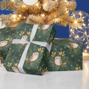 Weihnachts-Eule, Stechpalmen-Beere und Schneeflock Geschenkpapier