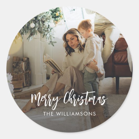 Weihnachts-Familie Foto Script Modern Runder Aufkleber (Vorderseite)