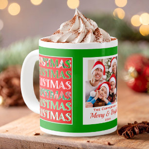 Weihnachts-Familienfoto im Retro-Stil in Grün Jumbo-Tasse