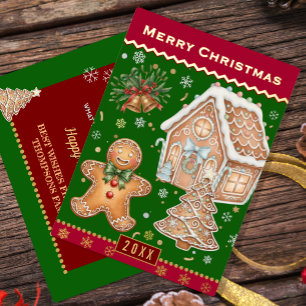 Weihnachts-Familienkarte, Gingerbread Man, Rot/Grü Folien Feiertagskarte